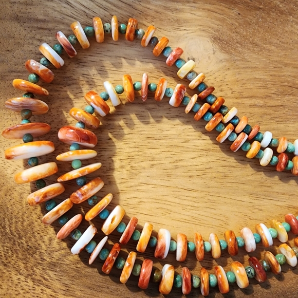 Navajo Helen Little Turquoise & Spiny Oyster Heishi 25" Double Strand Necklace - Picture 10 of 14